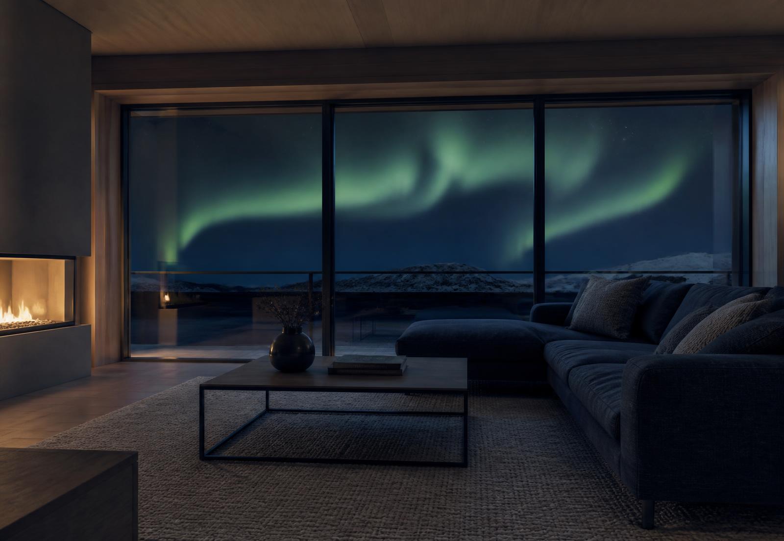 Nyvasket stue med utsikt til nordlys over vinterlandskap